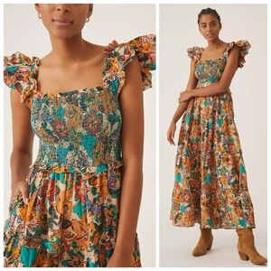 Love the Label Gaya Maxi Dress Smocked Tiered Orange Green Floral size M